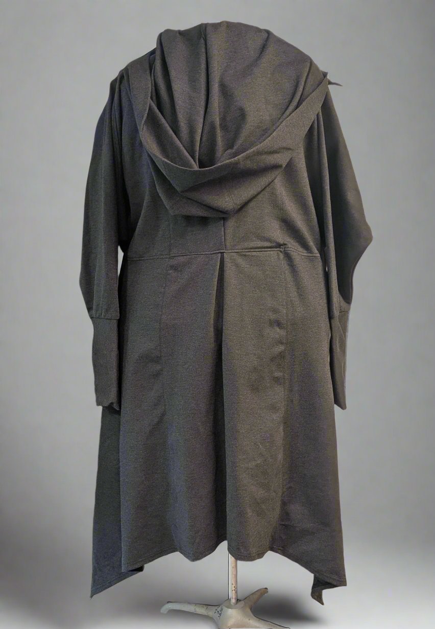 Back view of long grey hooded coat with a pleat at the center back waist